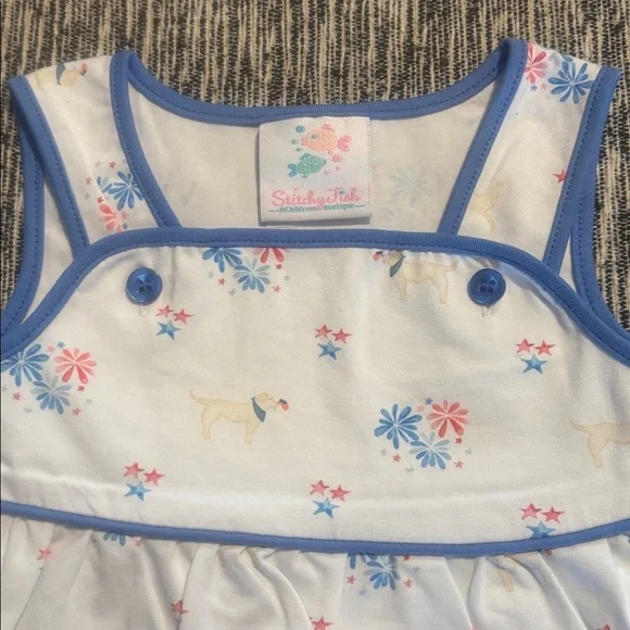 Stitchy Fish Yellow Lab Dog Flag Firework Romper 6M - Picture 2 of 5